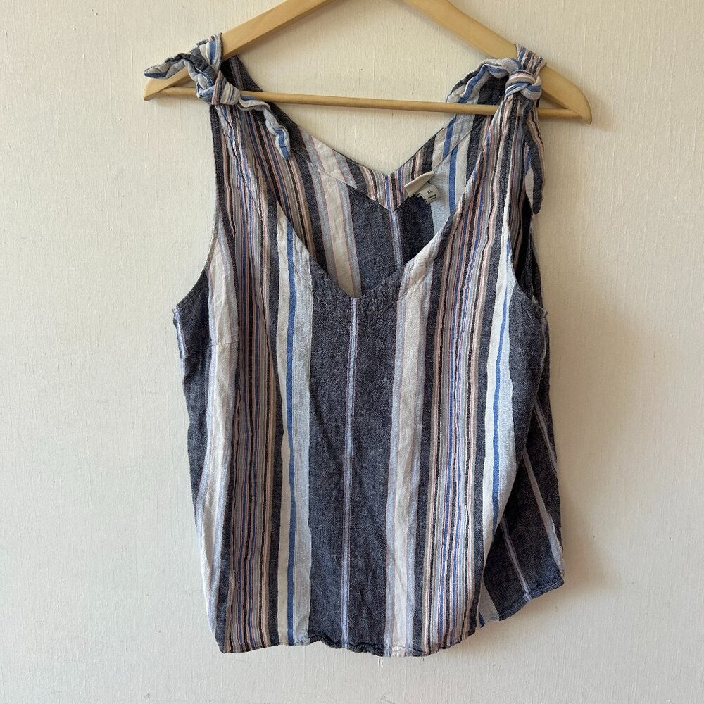 A New Day Linen Blend Tank Top‎ Womens XL Blue Striped V-neck Coastal Beachy